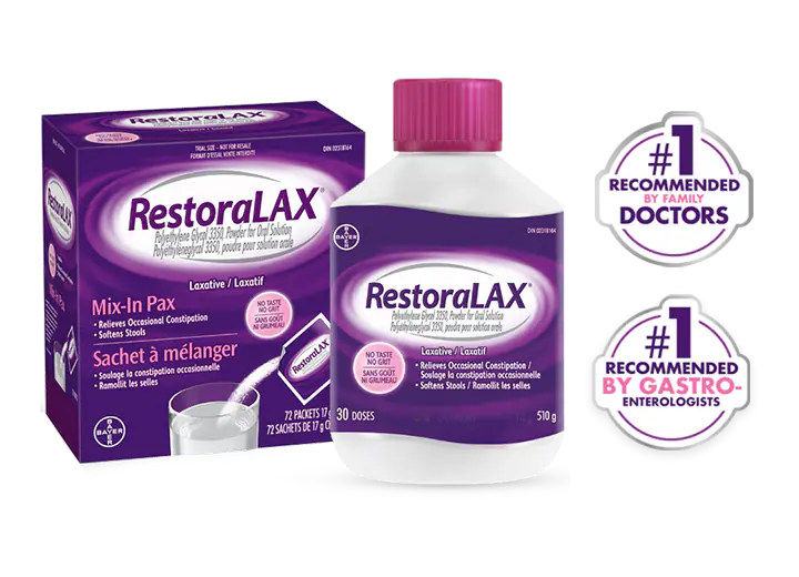 Packages of RestoraLax with badges indicating RestoraLax is most recommended by doctors and gastroenterologists