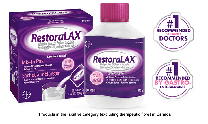 Packages of RestoraLax with badges indicating RestoraLax is most recommended by doctors and gastroenterologists