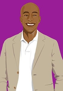 A cartoon bald man with dark skin, wearing a white polo shirt and a tan blazer, smiles broadly against a purple background.