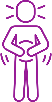 A purple line icon depicts a person with both hands placed over their abdomen, suggesting abdominal discomfort
