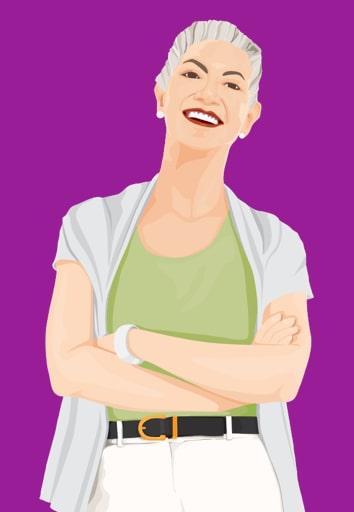 A cartoon woman with short gray hair, a light green top, white cardigan, and white pants laughs with her arms crossed against a purple background.