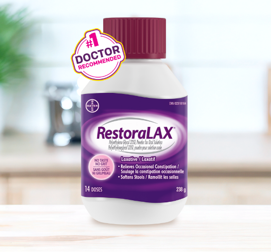 A close-up studio shot of a 14-dose bottle of RestoraLAX® powder. The bottle is white and purple with a red cap, and a 